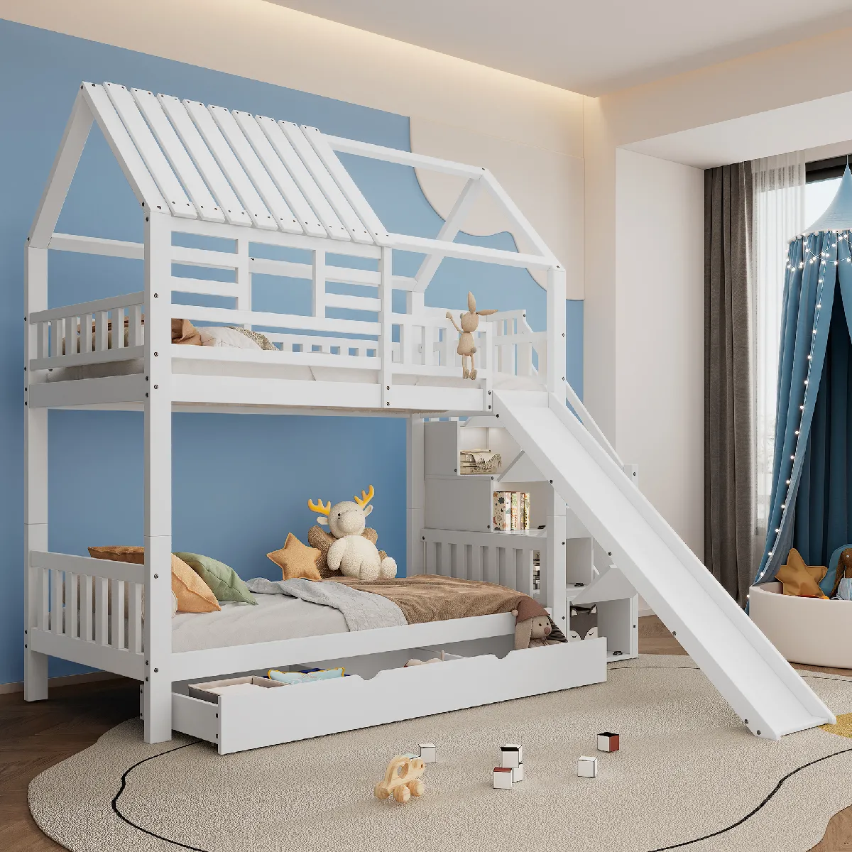 Lit Mezzanine Enfant 140x200 Cm Avec Structure En Fer - Avec échelle De Rangement Et Une Penderie Blanc 97560615