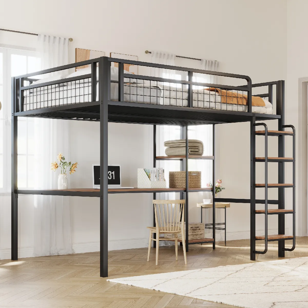 Lit combiné 140x200 cm Bureau et rangement - Noir