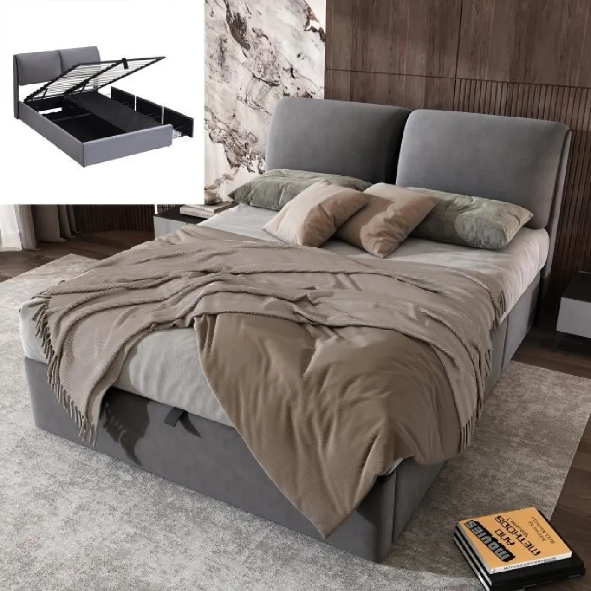 Lit double 140x200 cm - Tiroirs et coffre de rangement - Velours gris - Sommier à lattes