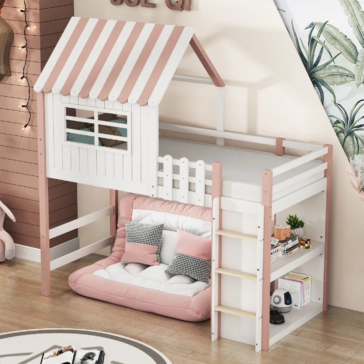 Lit 90x200 cm - Lit combiné rangement - Rose