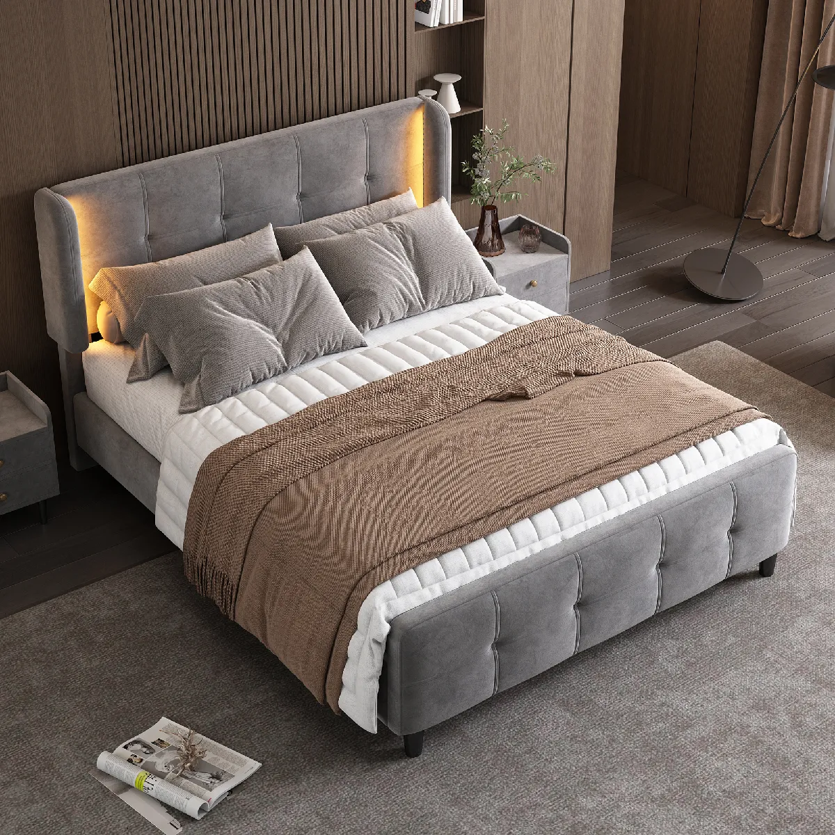 Lit adulte 140x200 cm Lit double lattes bois - Gris