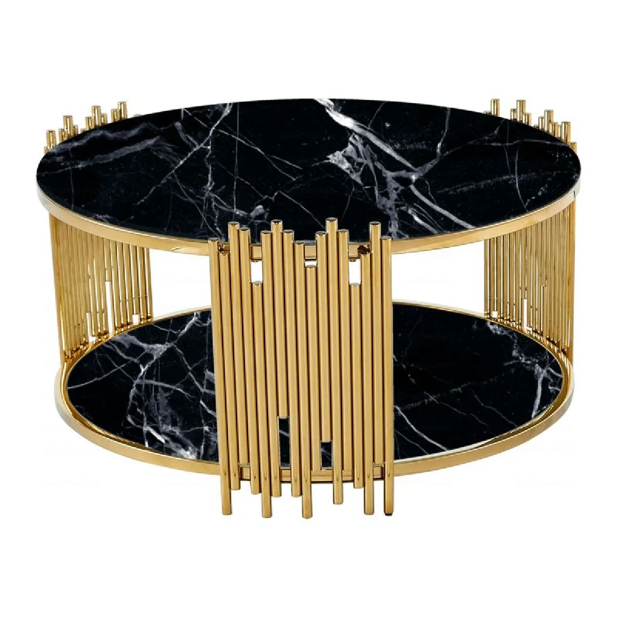 Comparer les prix de Table Basse ronde STICK Gold et plateau en verre MARBRE NOIR D90 H45 cm