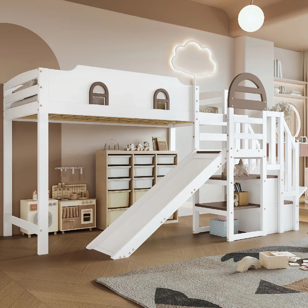 Lit Mezzanine Enfant 90x200 Cm Avec Tableau Noir/blanc - Rangement Intégré, Protection Antichute, Sommier à Lattes, Blanc