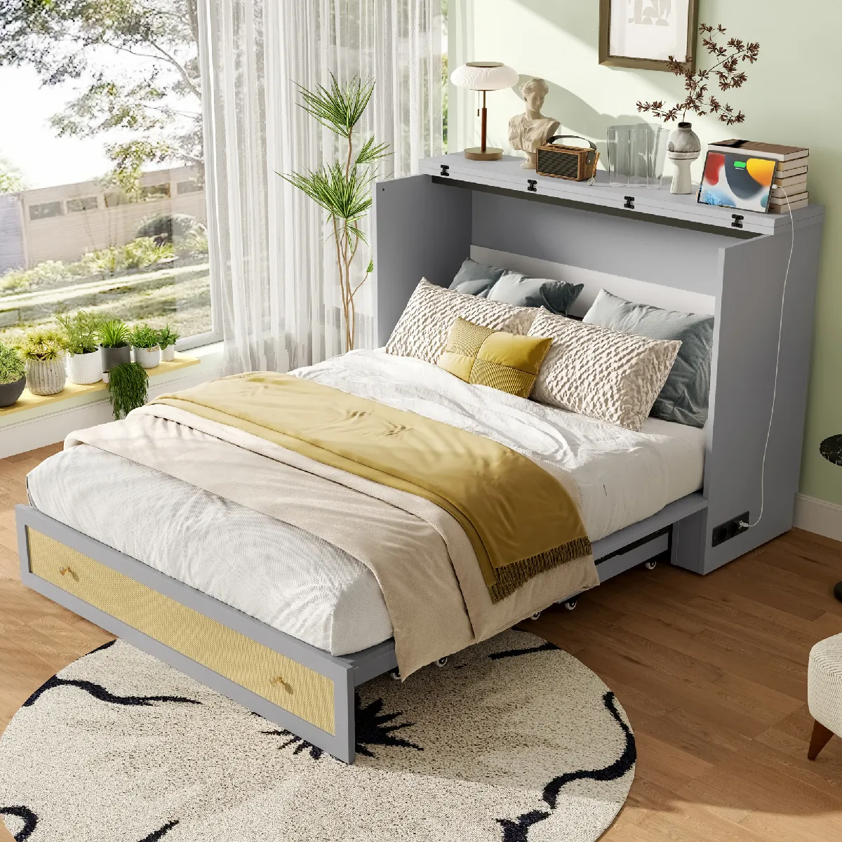 Lit Escamotable 140x200 cm - Bureau Modulable - Gris
