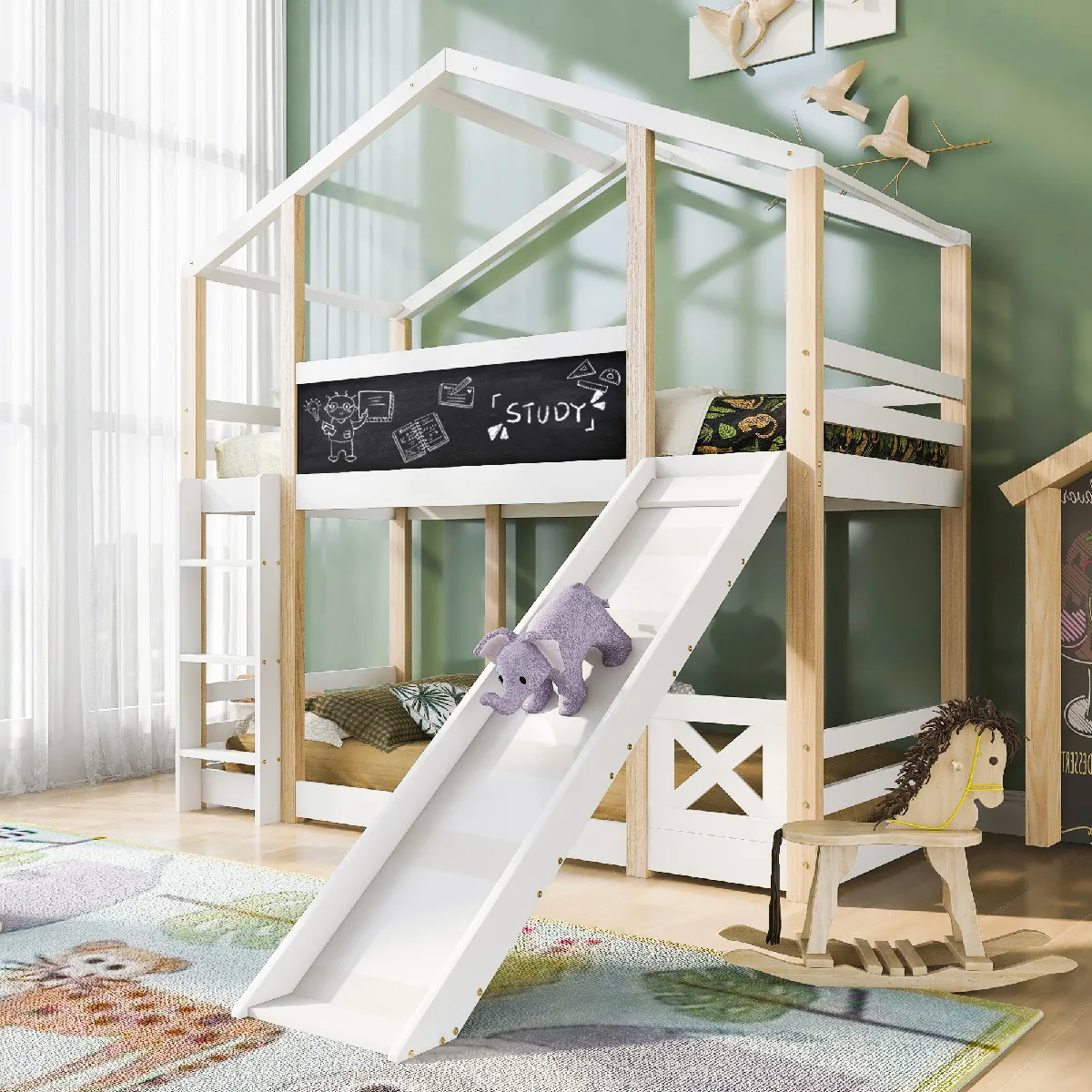 Lit superposé 90x200 cm - - Lit enfant cabane - Blanc