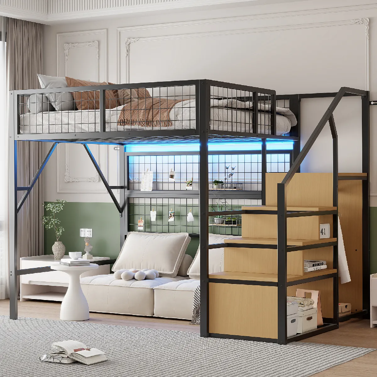 Lit mezzanine 140x200 cm avec bureau - Structure métal blanc (sans matelas