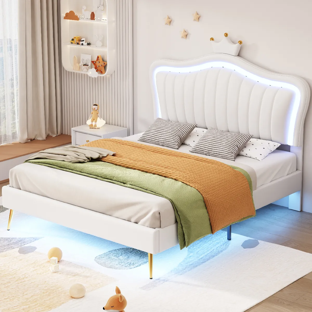 Lit capitonné 140x200 cm - Sans matelas - Cadre couronne - Blanc