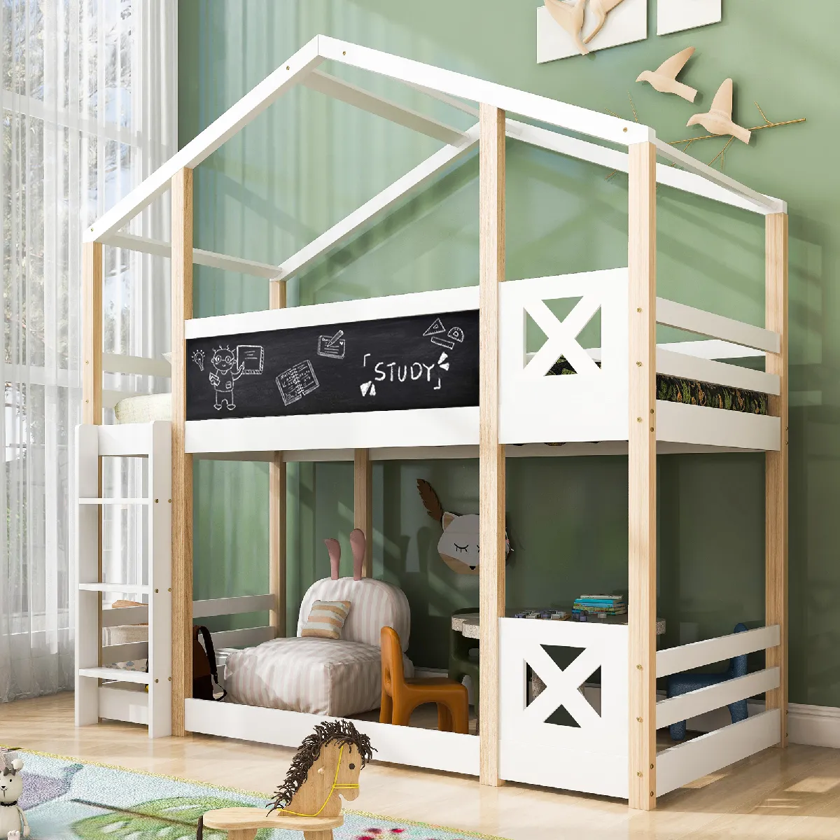 Lit superposé 90x200 cm - - Lit cabane barrières sécurité - Blanc