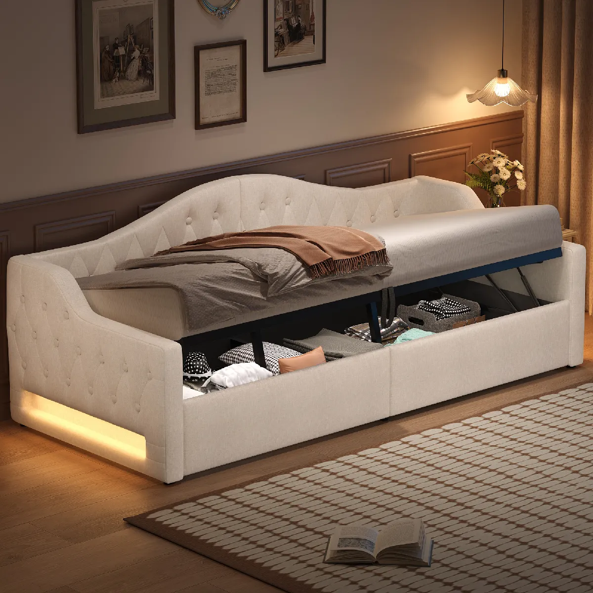 Lit coffre 90x200 cm Lit simple - Beige