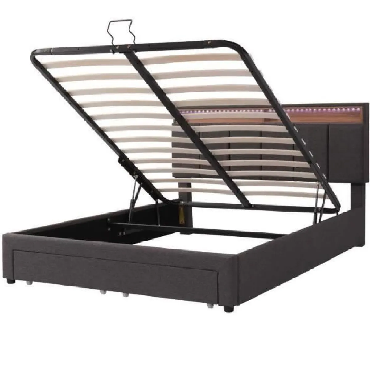 Lit coffre adulte 140x200cm avec 2 tiroirs étagère de rangement sans matelas lit double tissu en lin sommier à lattes gris