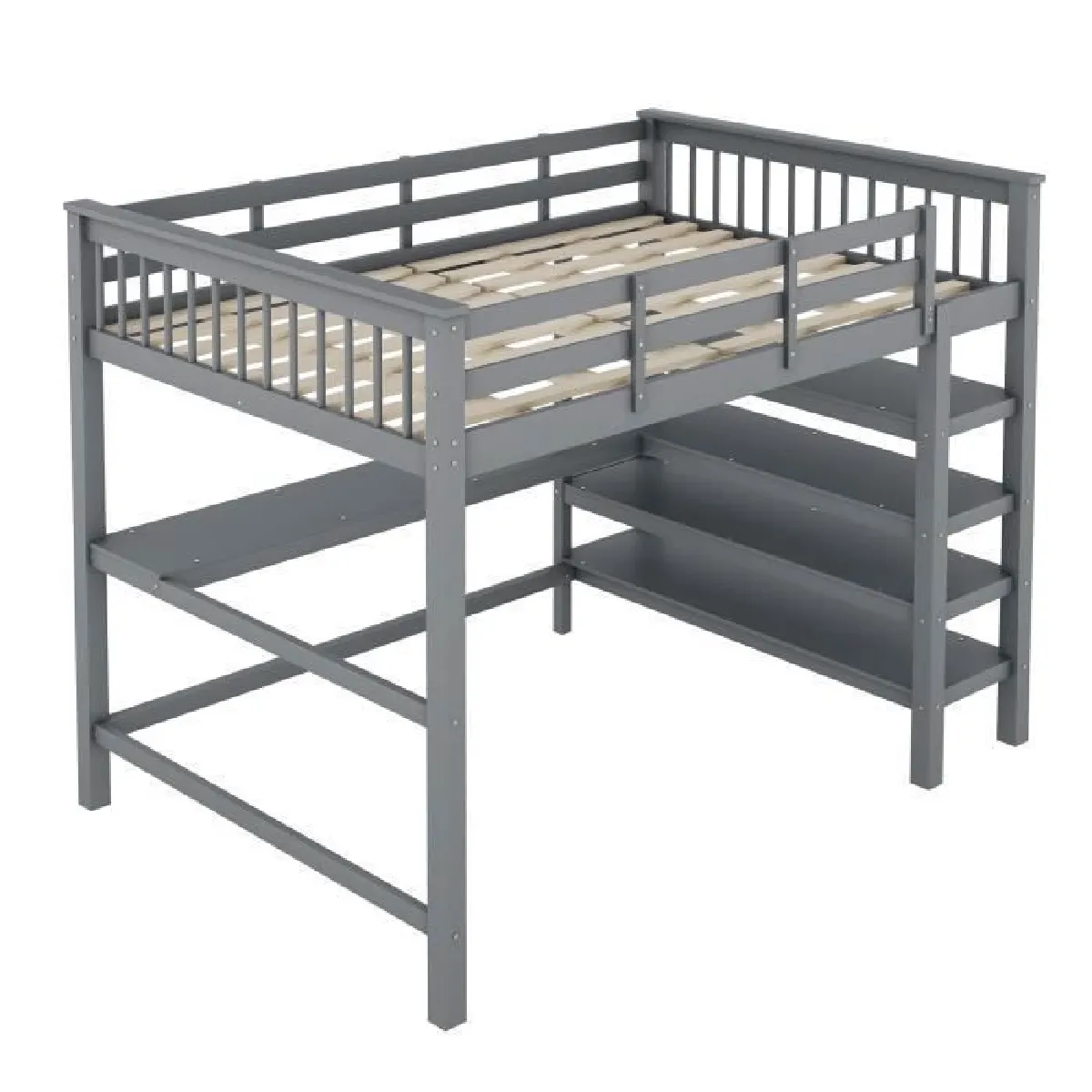 Lit mezzanine 140x200cm avec 4 étagères de rangement et bureau, sommier à lattes et échelle inclus, bois de pin et mdf, gris