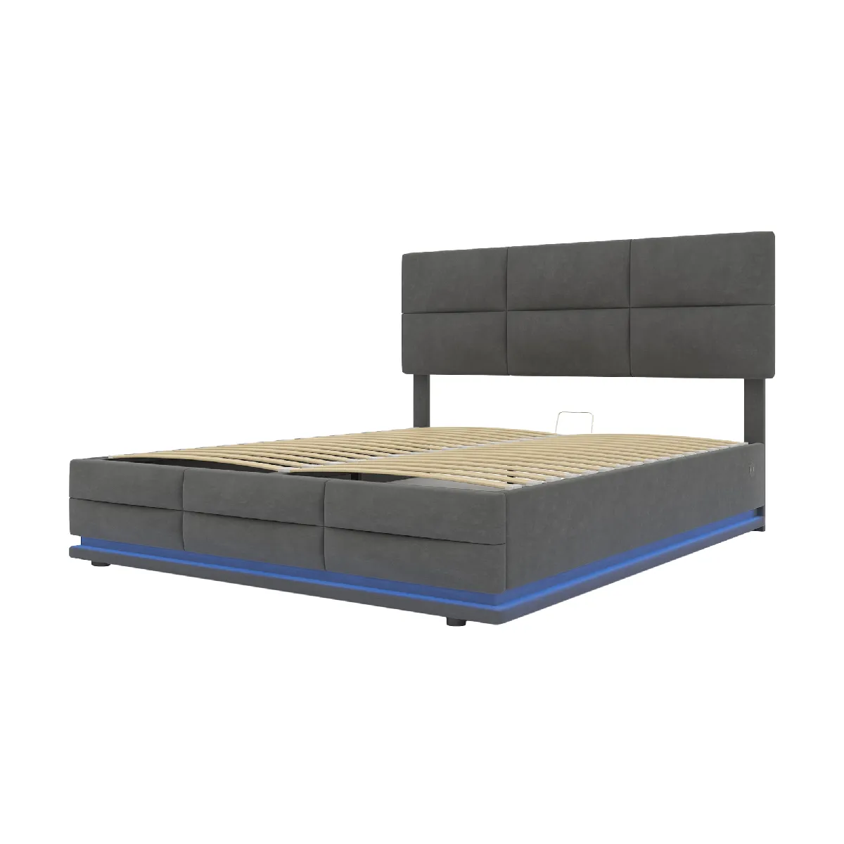 Lit coffre double 140 x 200 cm en lin beige coffre de rangement avec lampe de lecture et usb sommier à lattes sans matelas
