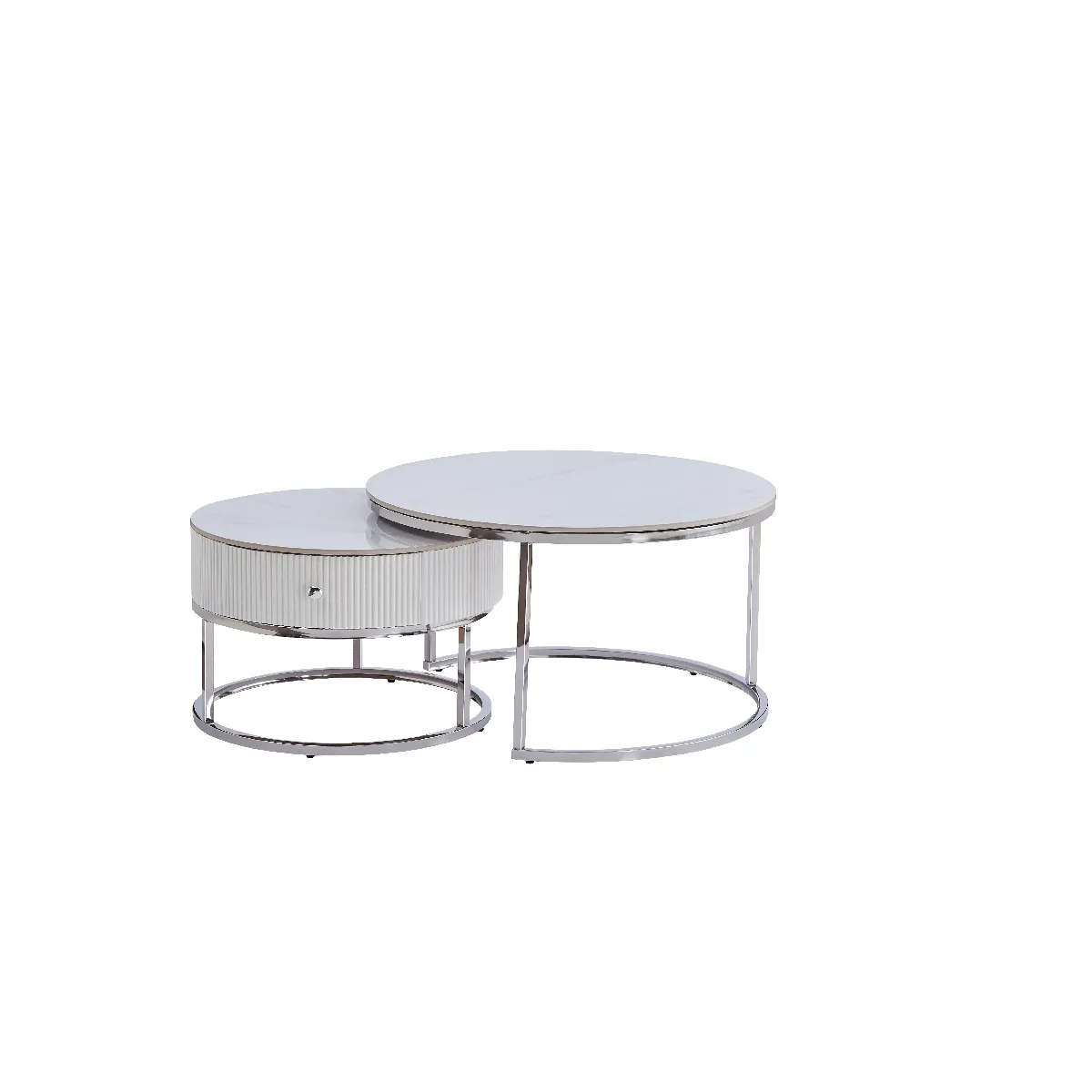 Comparer les prix de Duo de Tables Basses Gigognes SAMIRA Chrome & Céramique Marbre Blanc avec Tiroir – Ø80 + Ø60 cm