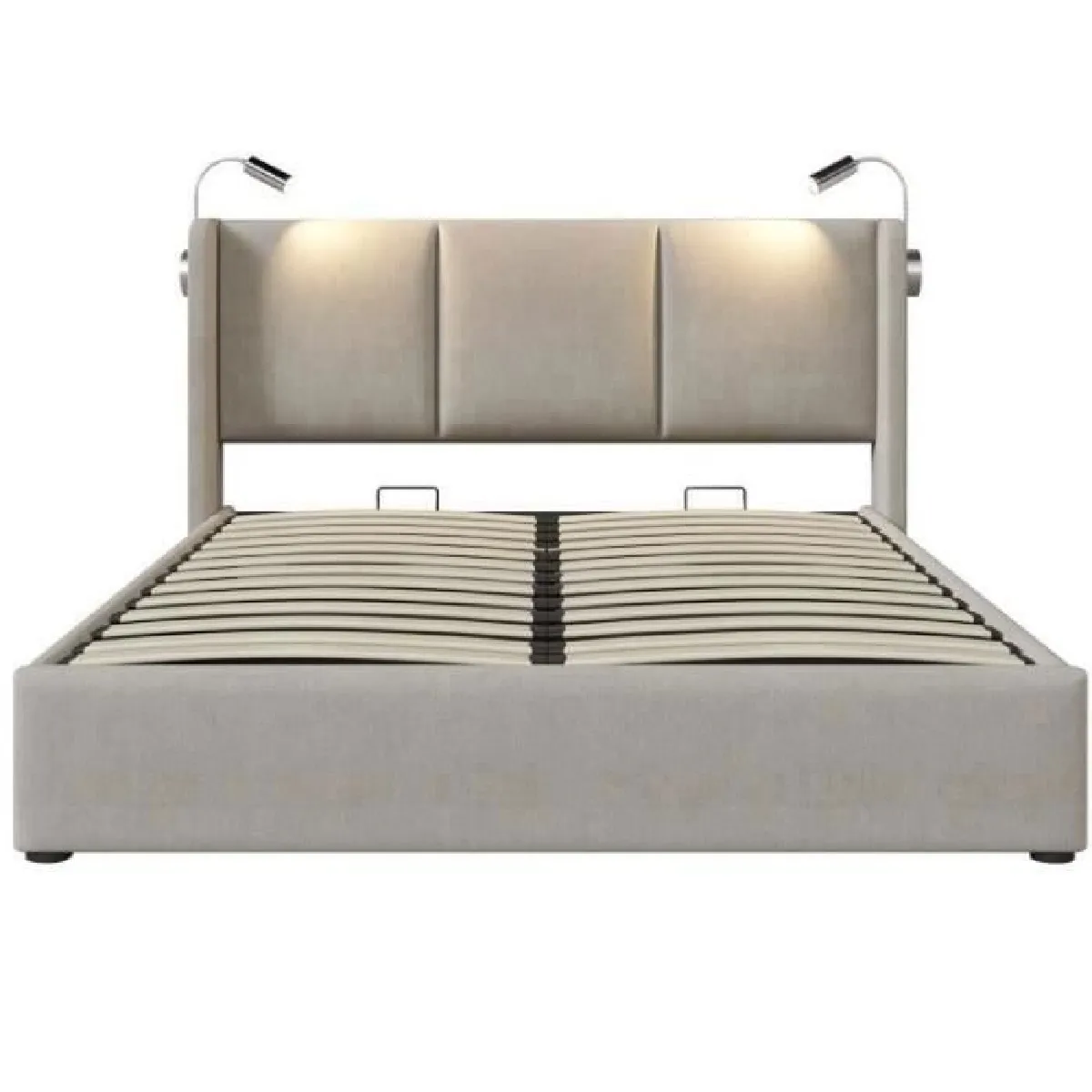 Lit coffre double 160 x 200 cm en lin beige, coffre de rangement, avec lampe de lecture et usb, sommier à lattes, sans matelas