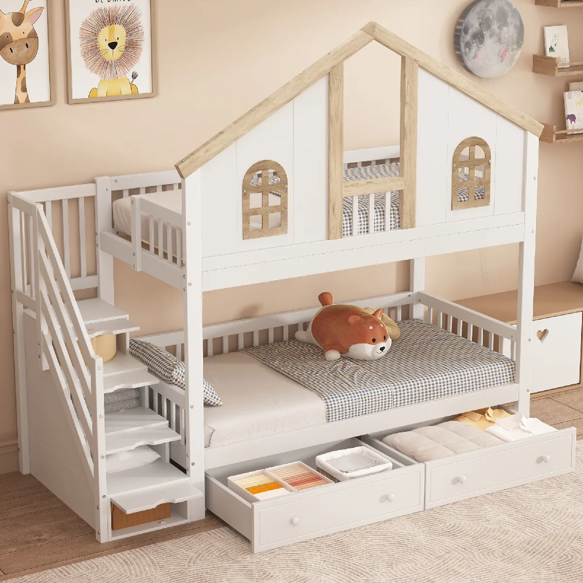 Lit Superposé Enfant 90x200 cm - Lit enfant avec tiroirs - Blanc