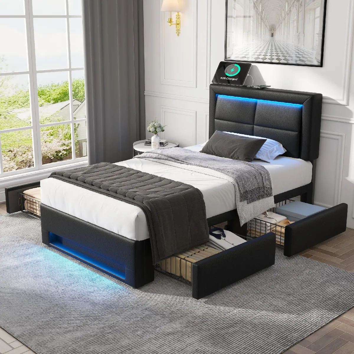 Lit Coffre 90x200 cm - Éclairage LED - Noir