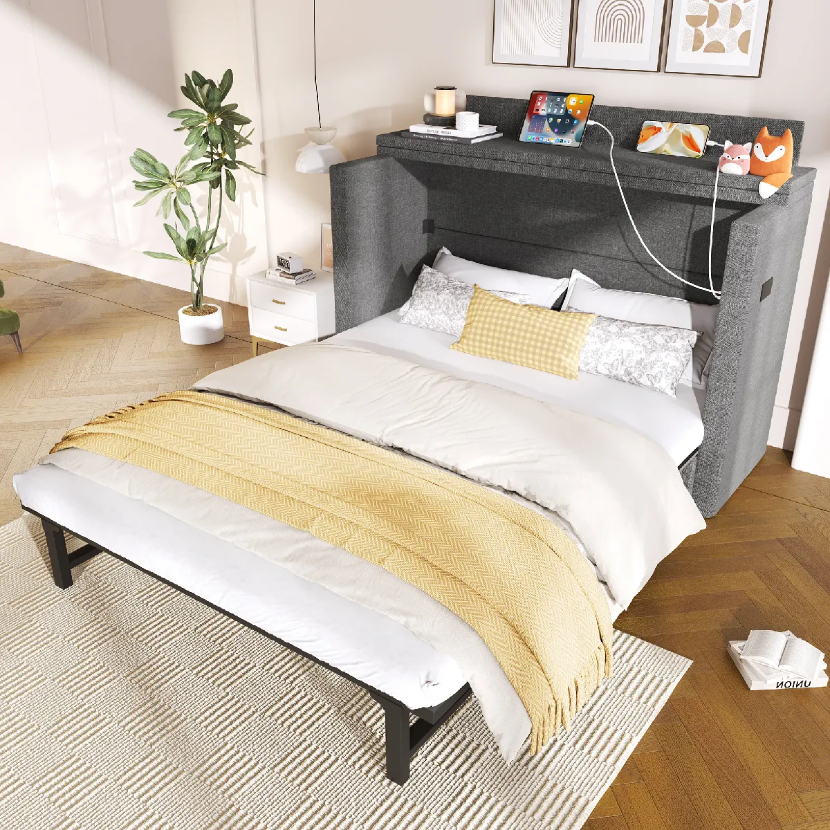 Lit Escamotable 140x200 cm Ports USB - Gris