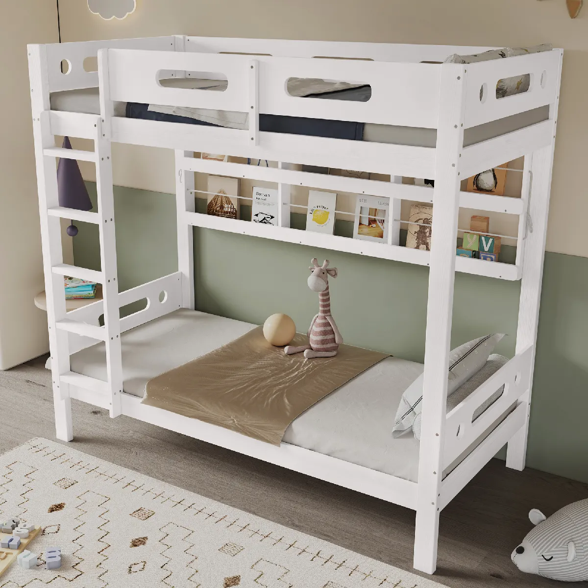 Lit Superposé 90x200 cm - Lit enfant rangements intégrés - Blanc