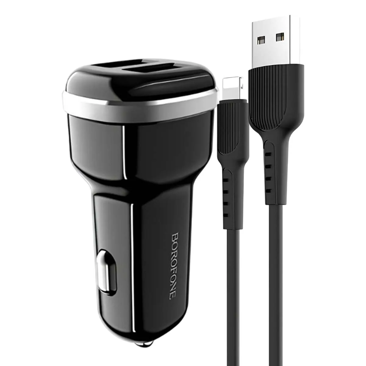 Borofone Noir Chargeur De Voiture 2 Ports Usb Avec Câble Lightning En Polycarbonate Inclus