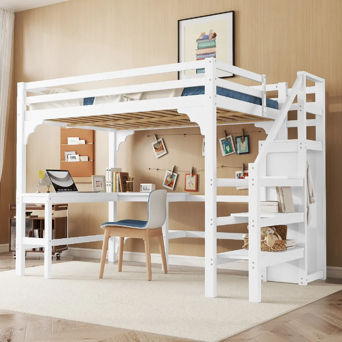 Lit Combiné 140x200 cm - Lit Junior Armoire - Blanc