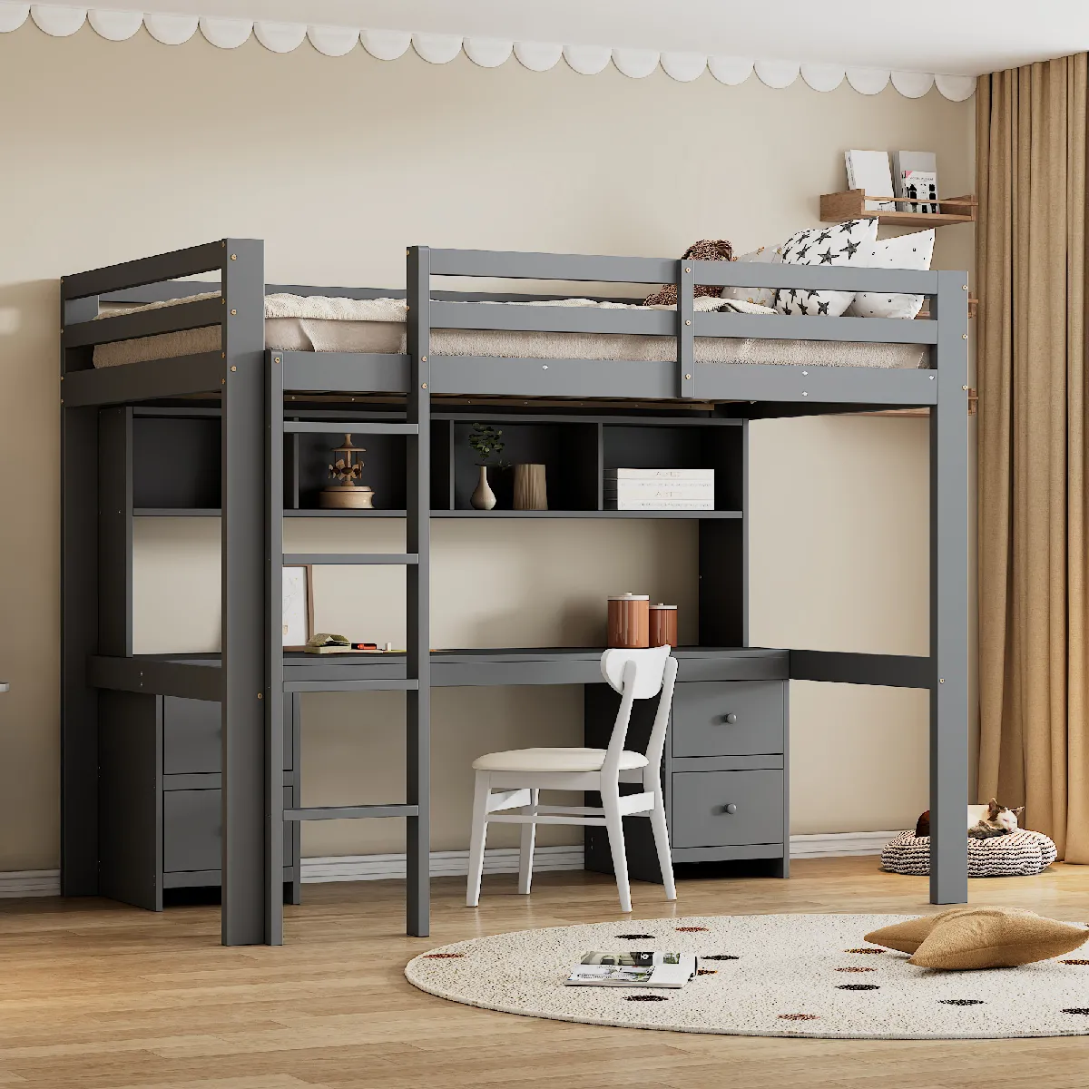 Lit mezzanine 90x200 cm - Lit avec rangement - Gris