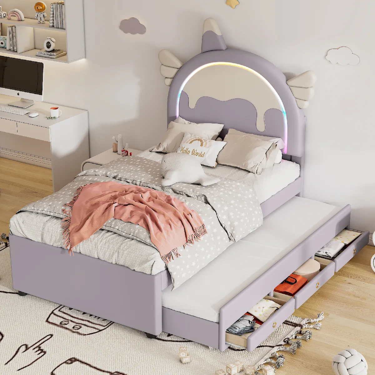 Lit gigogne 90x200 cm Lit avec rangement - Violet
