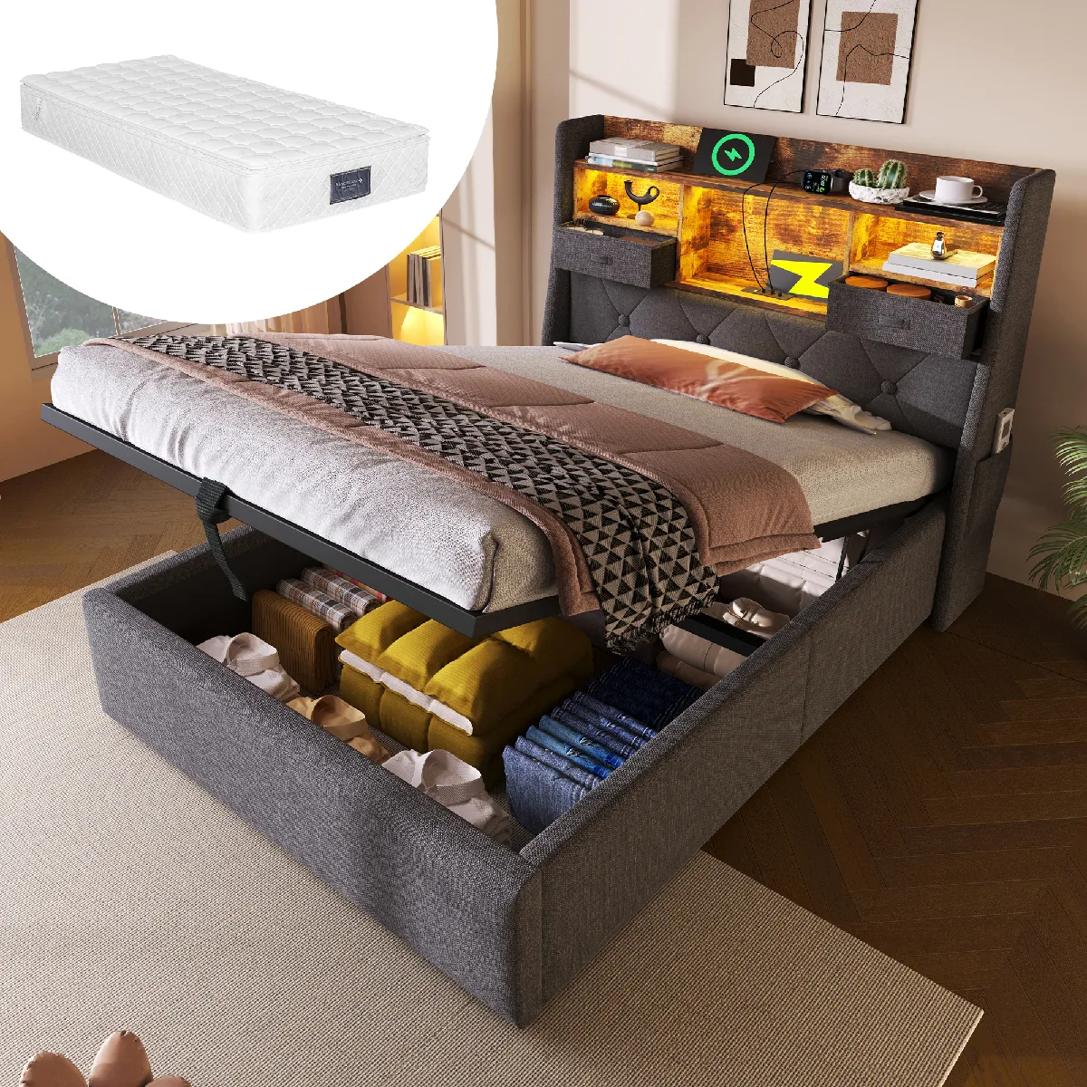 Lit coffre simple 90x200 cm - Sommier inclus - Gris