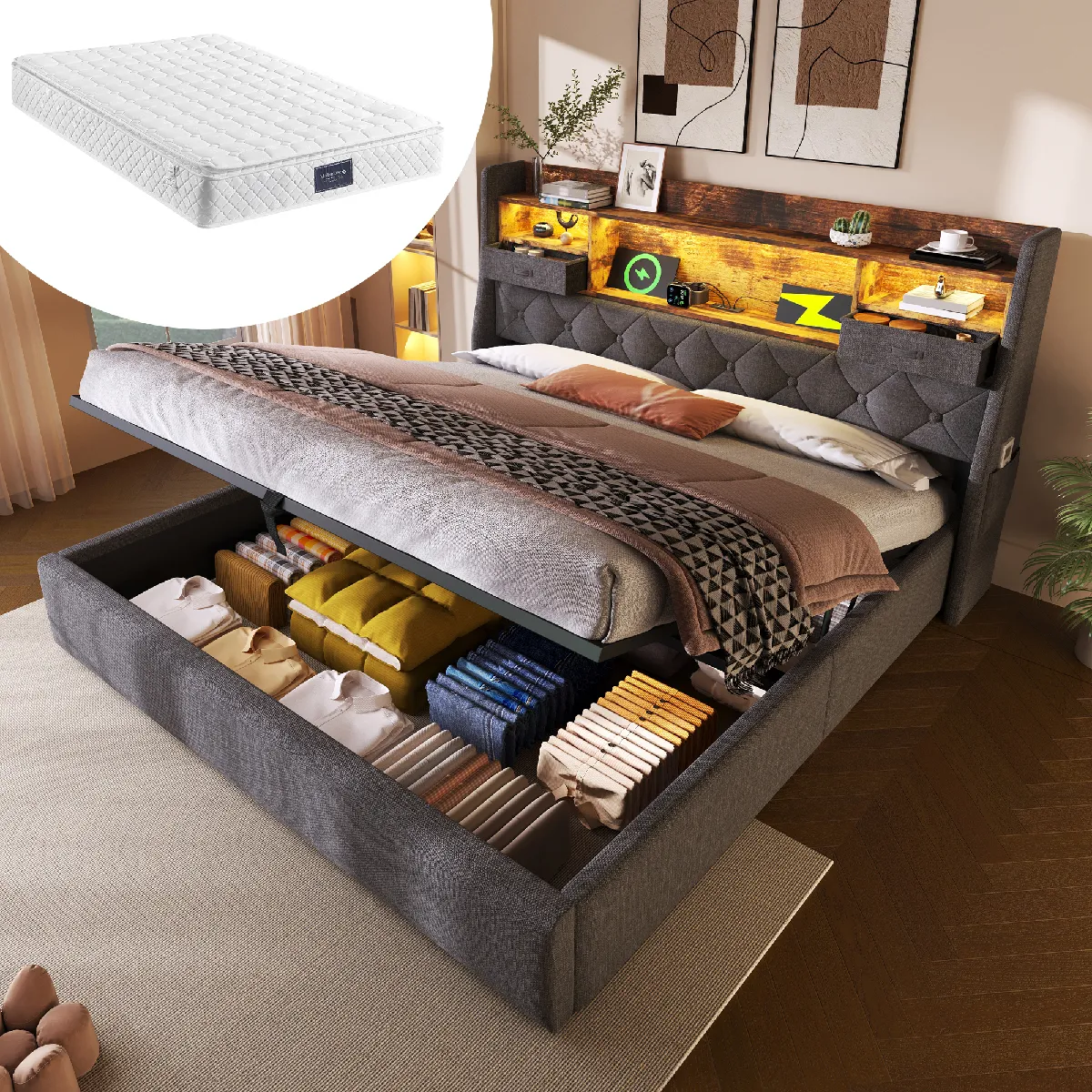 Lit coffre double 140x200 cm - Sommier inclus - Gris