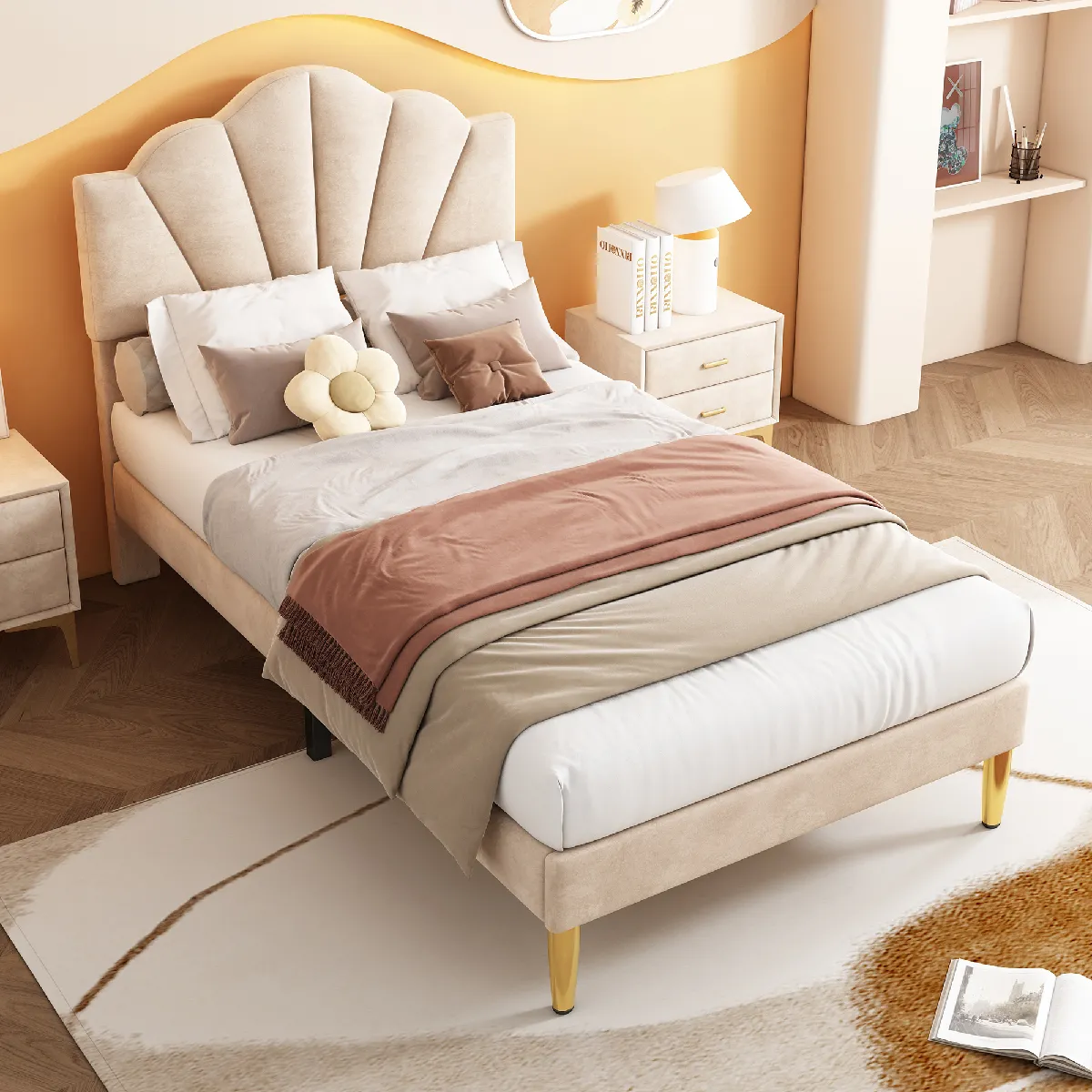 Lit Simple 90x200 cm - Sommier bois lattes - Beige