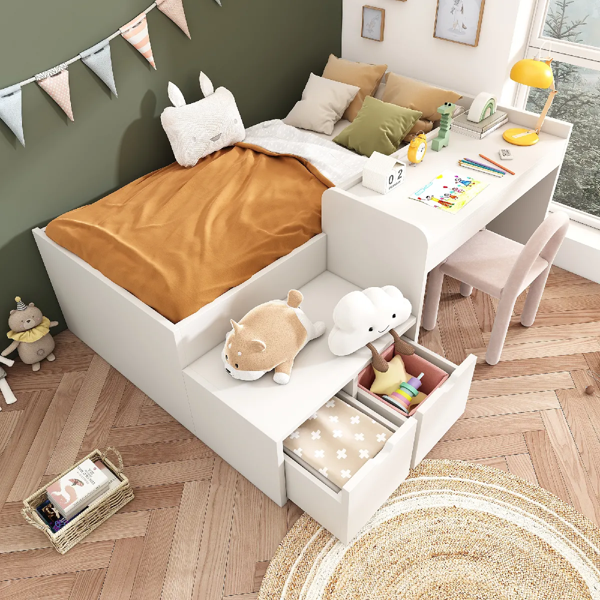 Lit enfant 90x200 cm - Lit combiné bureau - Blanc