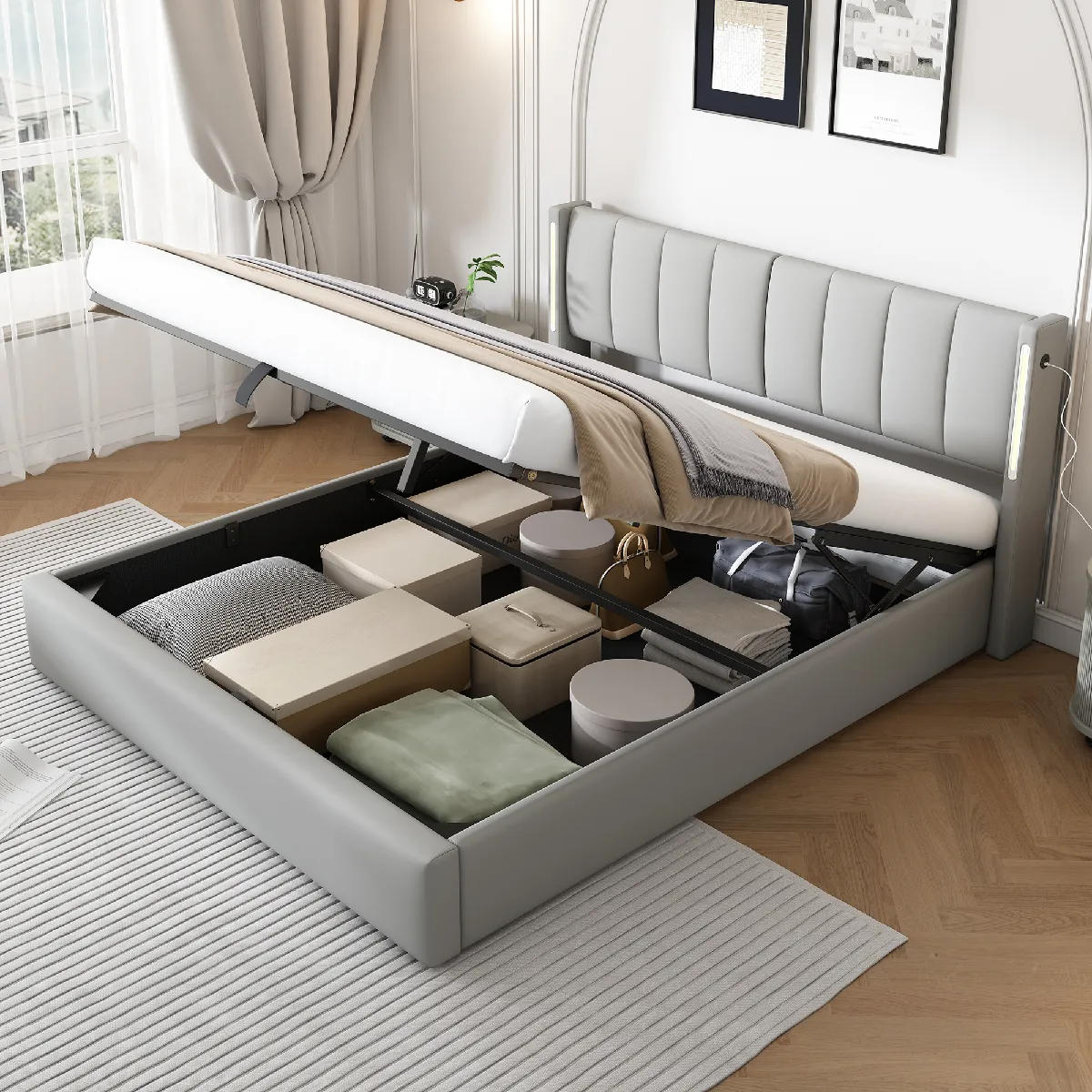 Lit Coffre Double 140x200 cm - PU moderne - Gris