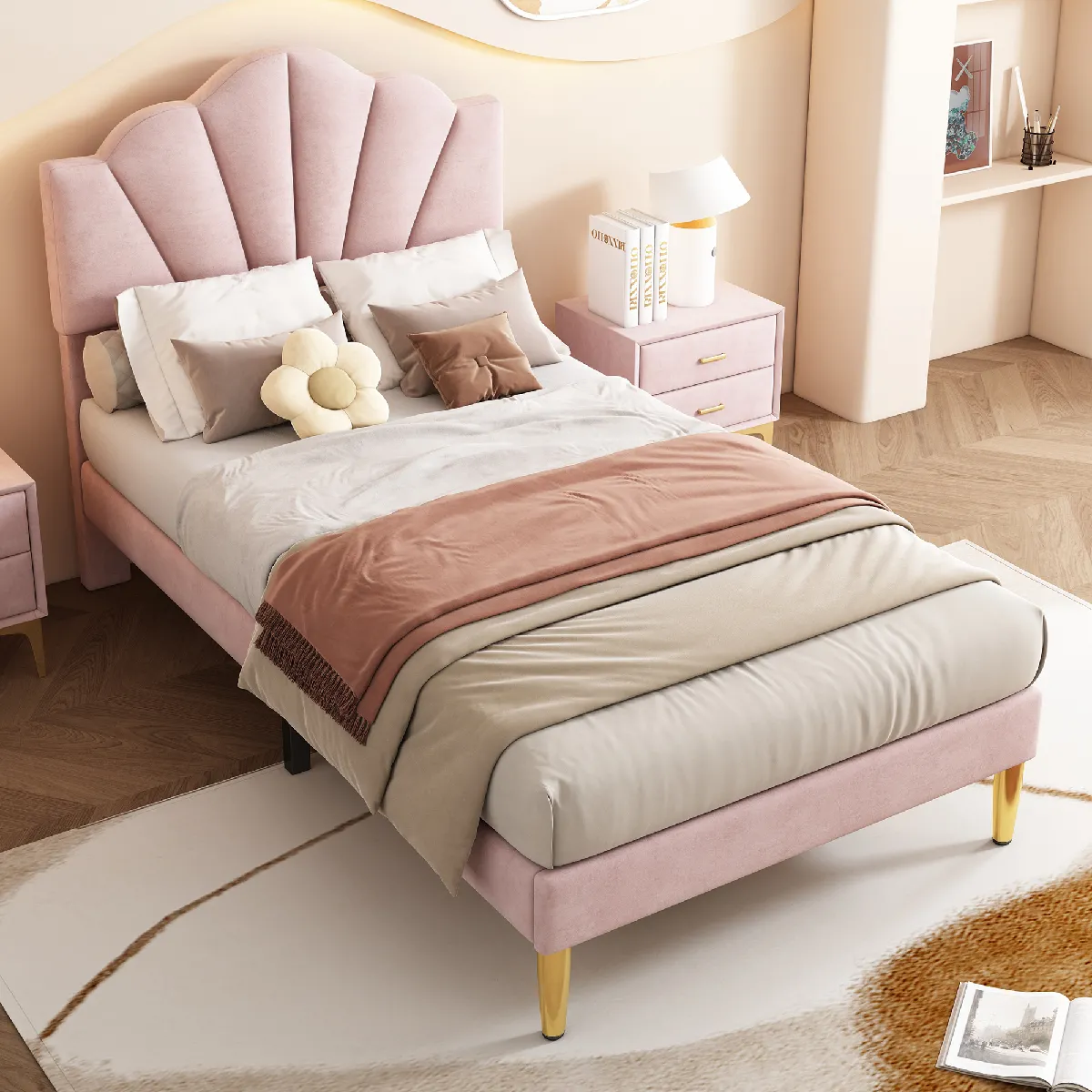 Lit Simple 90x200 cm - Sommier bois - Rose