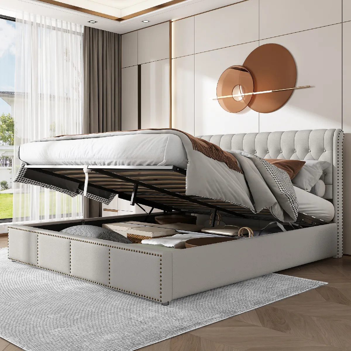 Lit Coffre 160x200 cm - Sommier relevable - Gris clair