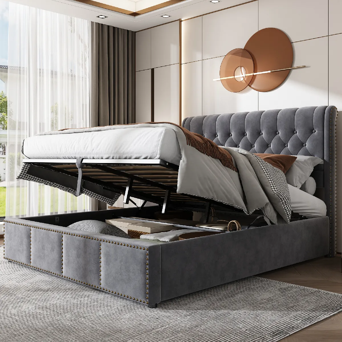 Lit Coffre 180x200 cm - Sommier relevable - Gris