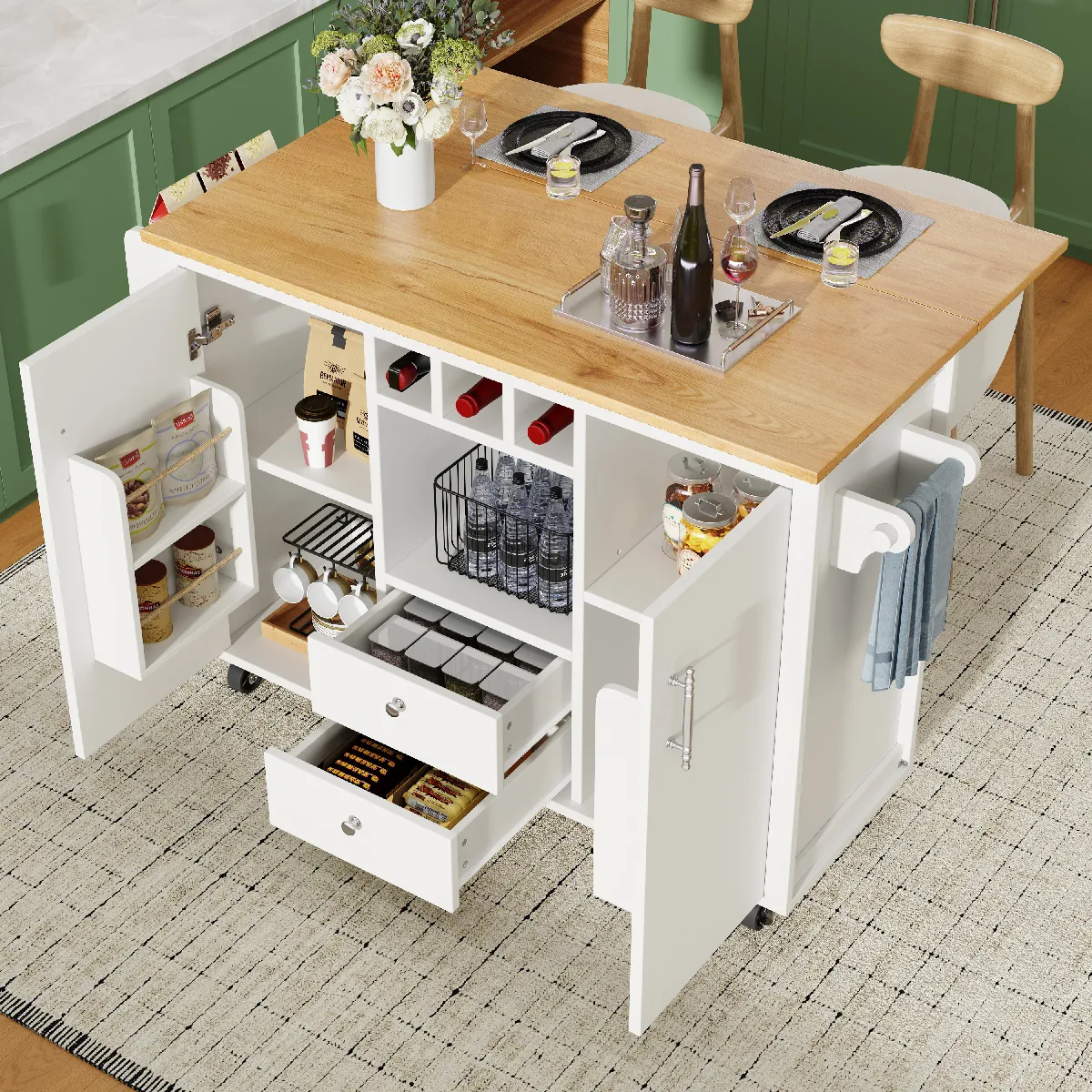 Îlot De Cuisine Déplié :137,9x73x92 cm Plié :137,9x45x92 cm - Avec 4 Tiroirs - Blanc