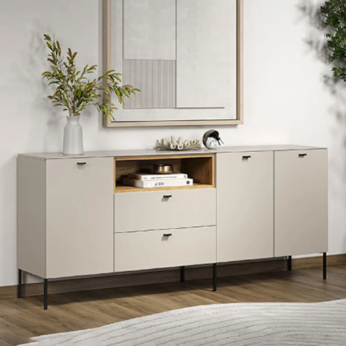 Buffet 3 portes et 2 tiroirs 197x45x85 cm beige et chêne clair - EOLYA