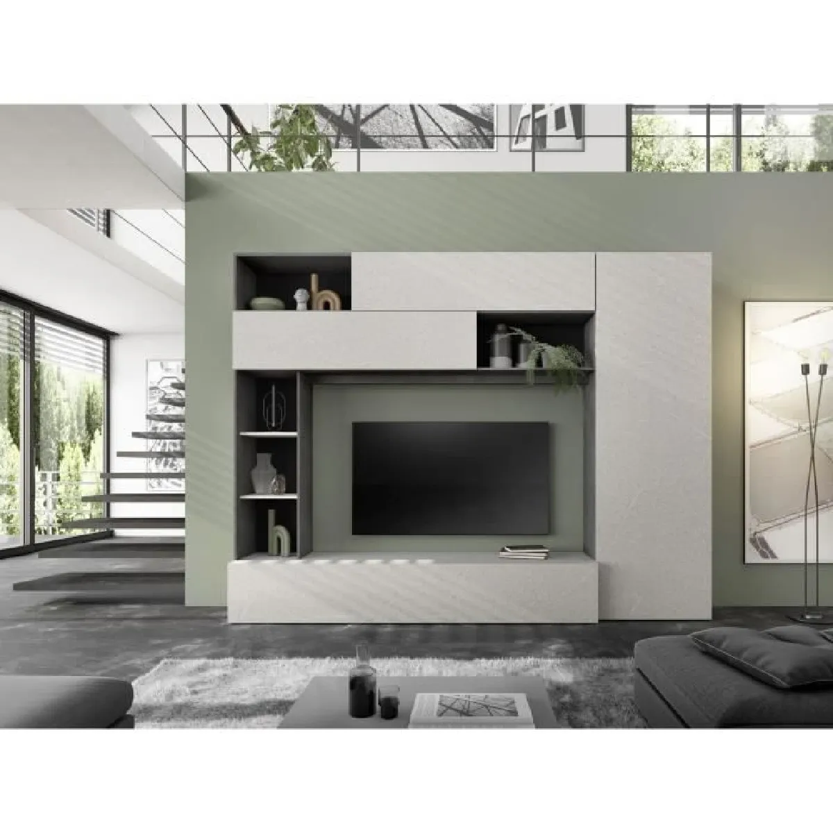 Composition murale TV - PRATO - Gris effet pierre - 277 x 40 x 210 cm