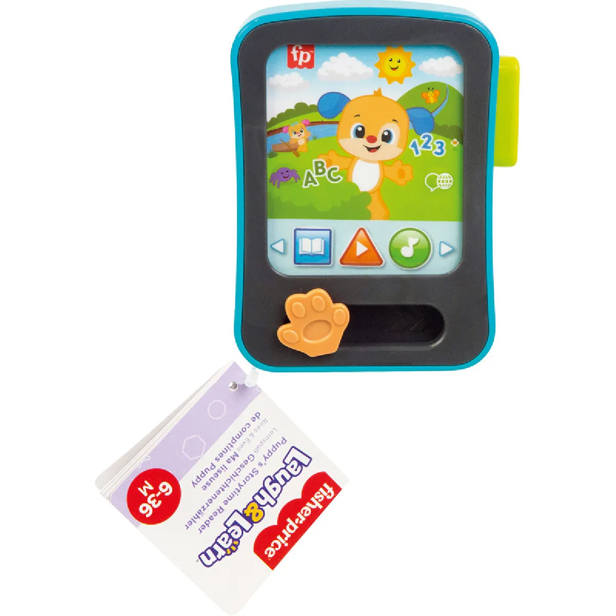 Fisher Price Jouet d’éveil Rires et Éveil Le lecteur d’histoires de Puppy en forme de tablette avec musique et lumières à partir de version multilingue: Anglais Français Allemand JFK28
