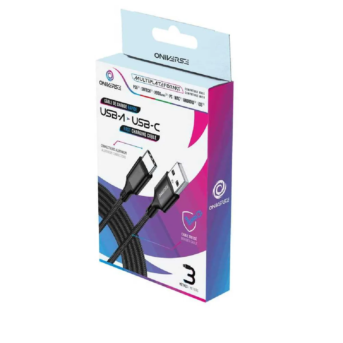 Oniverse Noir Câble De Charge Rapide Tressé Usb A Vers Usb C 3 M - Image 2