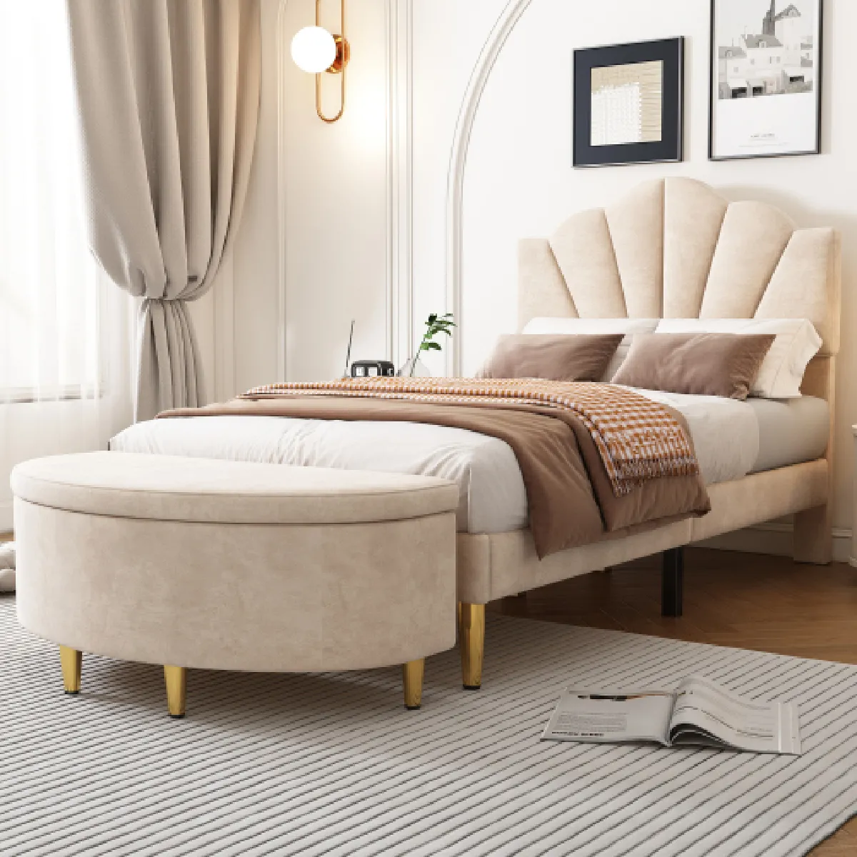 Lit enfant 90x200 cm, tête de lit réglable, lattes, banquette, en velours, beige