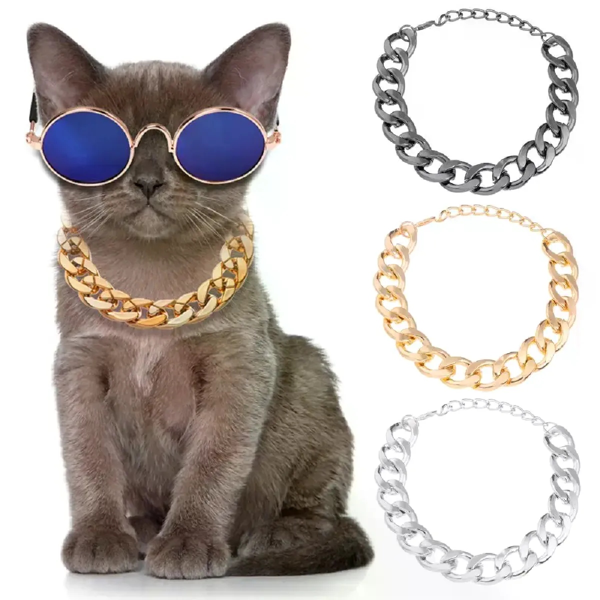 Meilleurs prix pour Collier en aluminium punk doré, argenté et noir pour chien, accessoire photo pour petits et grands chiens, 28/36/45 cm~01774