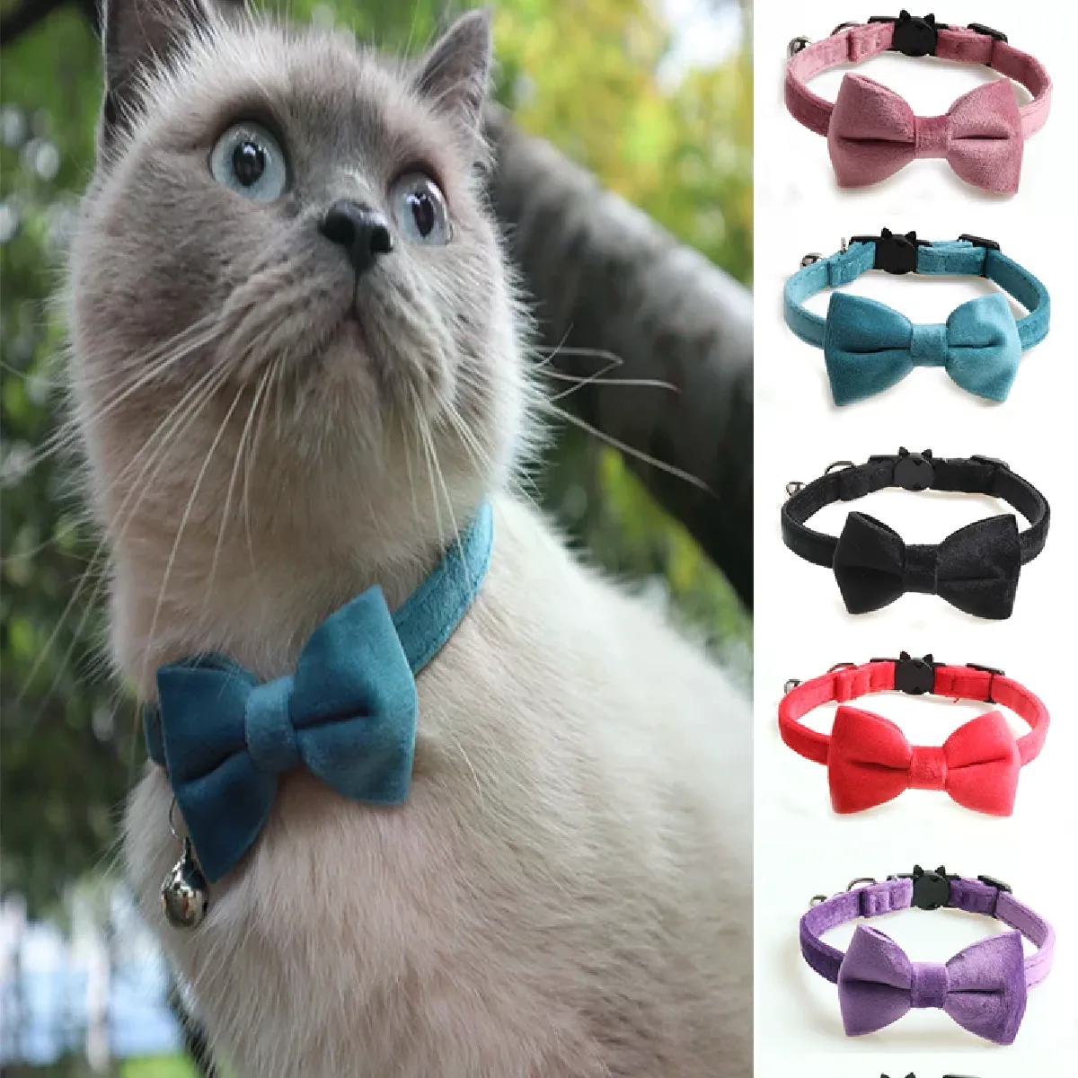 Comparer les prix de Collier pour chat en velours avec nœud papillon et boucle de sécurité réglable, couleur unie, accessoires pour animaux de compagnie~01692