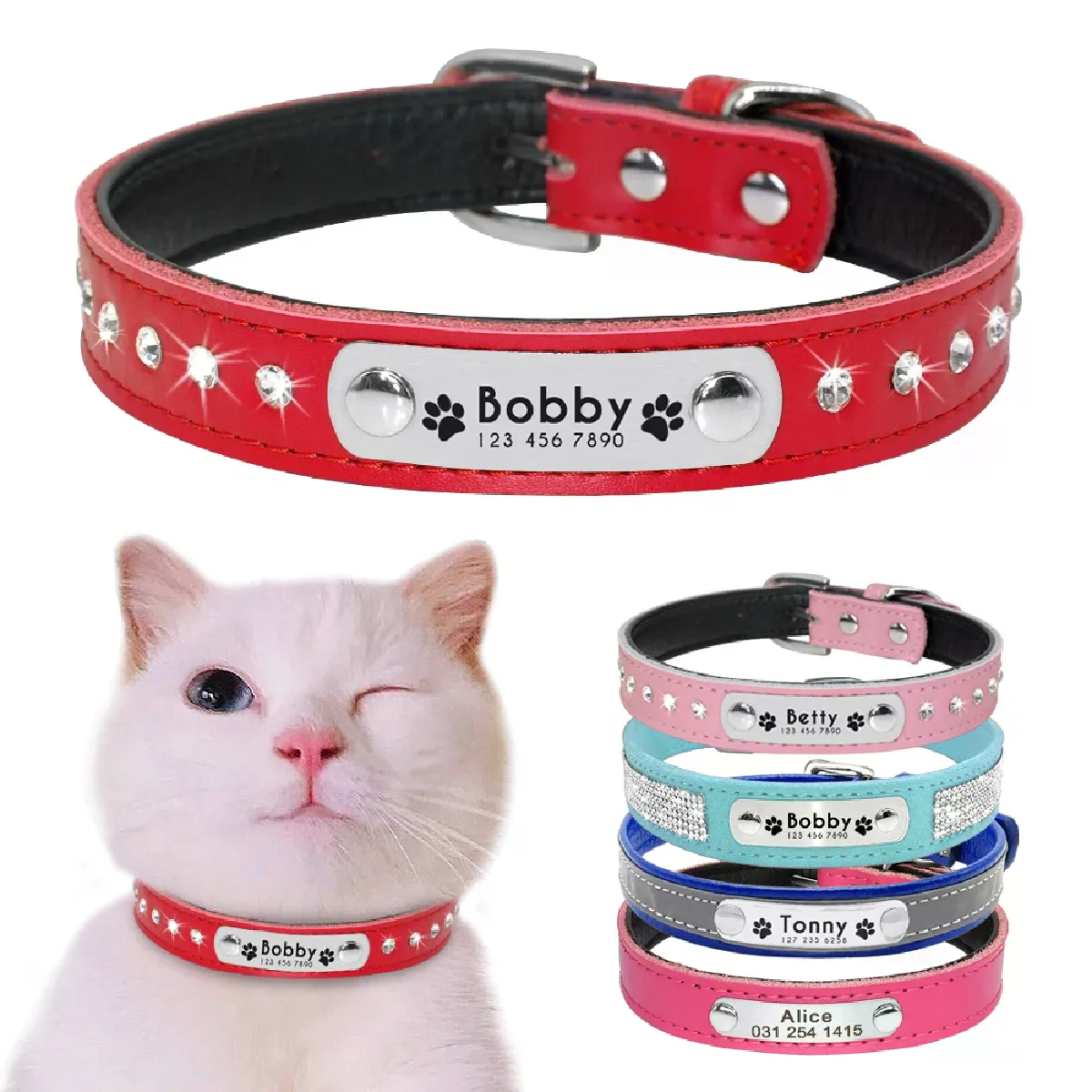 Meilleurs prix pour Collier en cuir pour chat, collier personnalisé pour chiots, petits chiens, chatons, plaque signalétique, gravure gratuite, réglable~00452