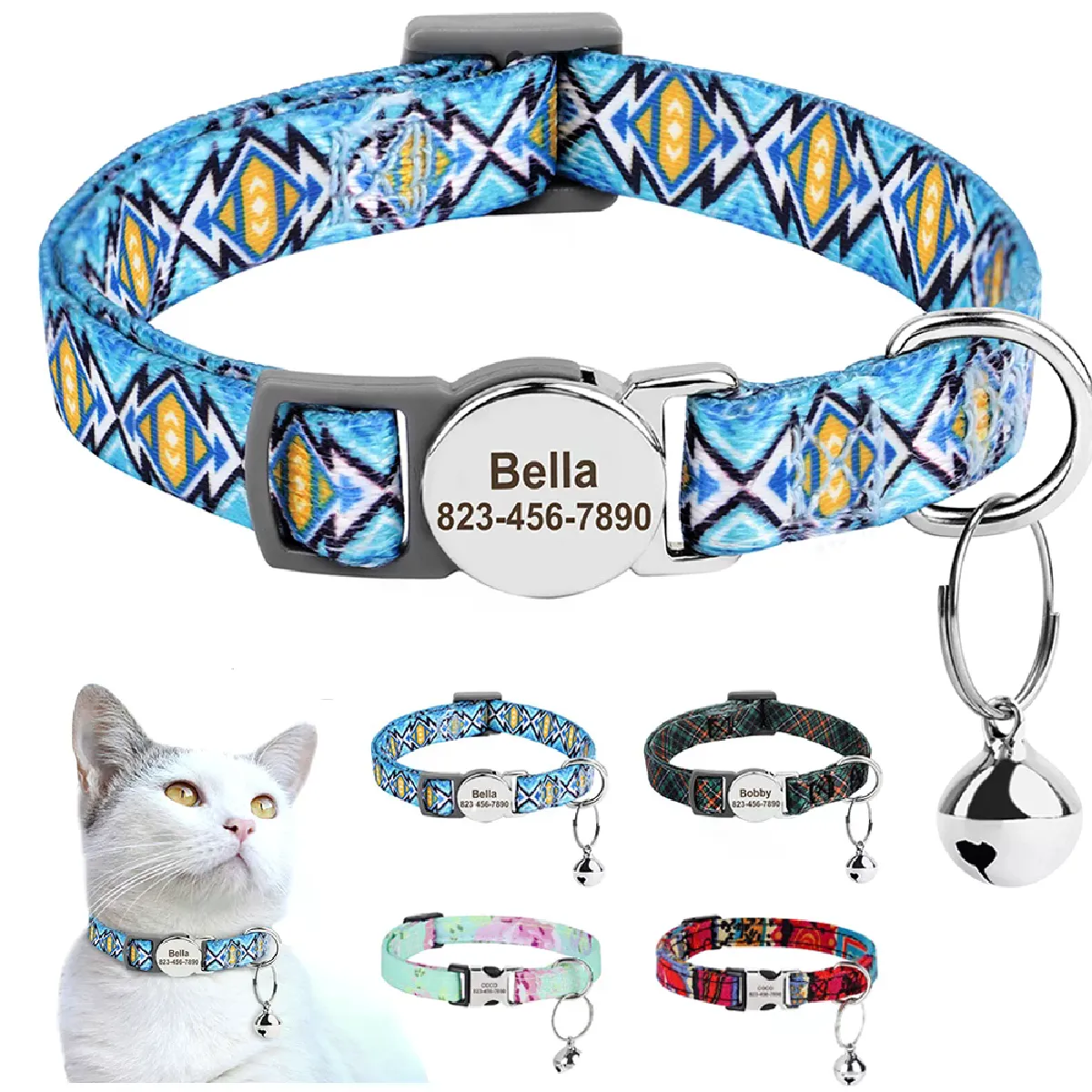 Collier personnalisé en nylon pour chat, collier anti-perte avec nom et clochette, idéal pour petits chiens et chats.~00811
