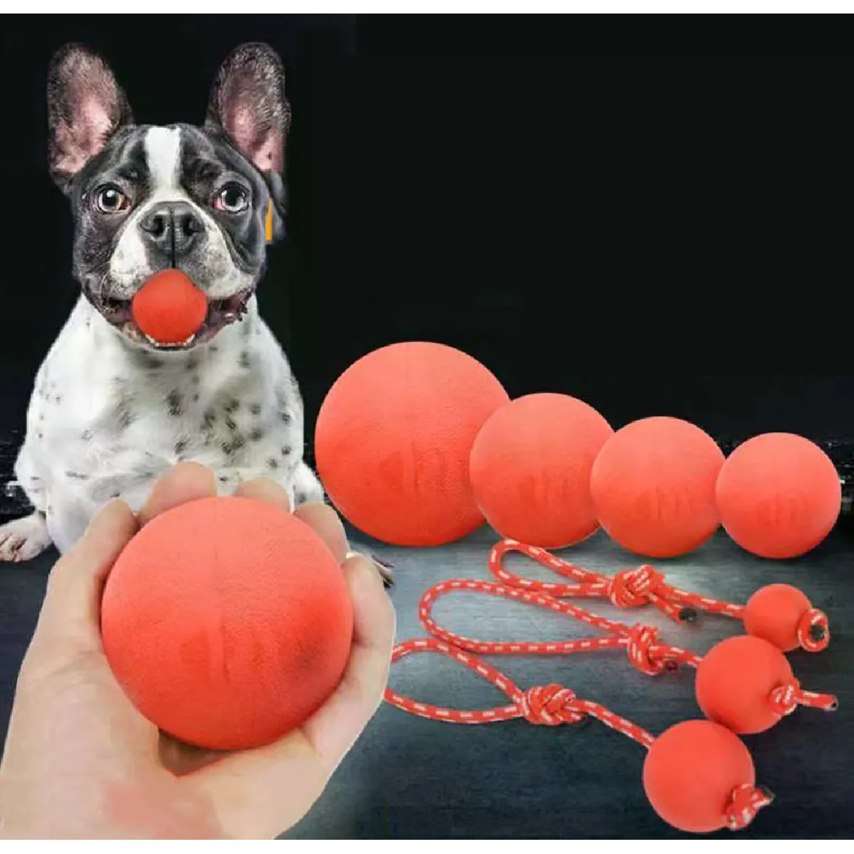 Meilleurs prix pour Balle de dressage interactive pour chien, en caoutchouc résistant avec ficelle, balle élastique solide, jouet à mâcher pour gros chien, cheval, animal de compagnie~02242