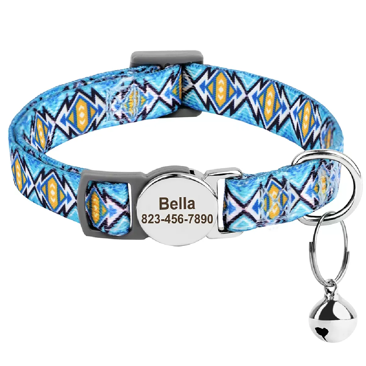 Meilleurs prix pour Collier pour chat imprimé personnalisé, collier réglable pour chaton et chien, avec plaque d'identification gravée gratuite, clochette, colliers anti-perte pour chat~00010