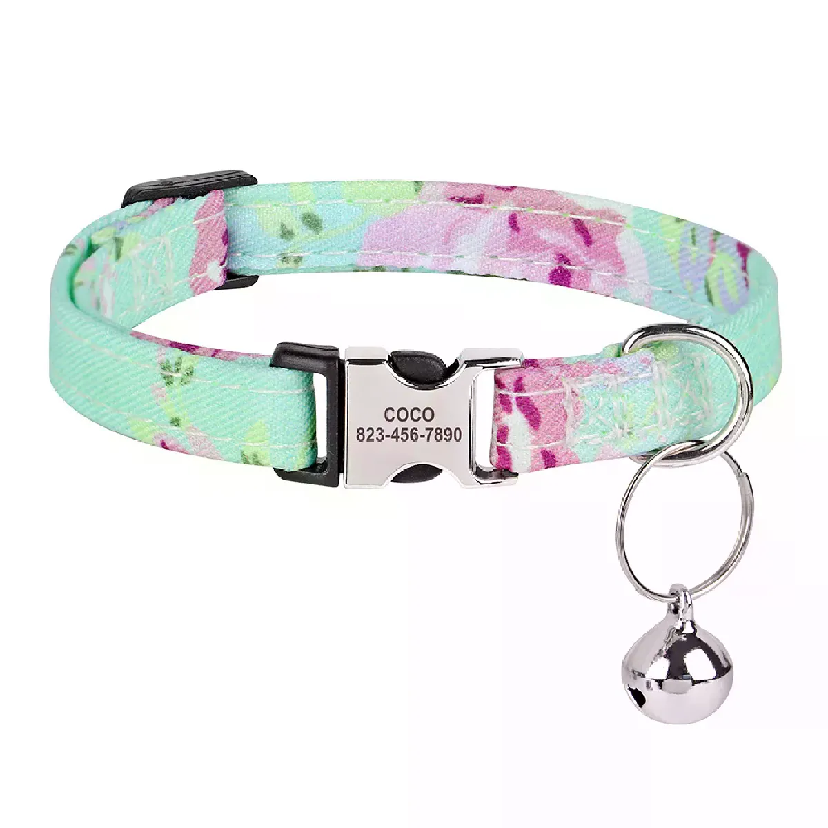 Meilleurs prix pour Collier pour chat imprimé personnalisé, collier réglable pour chaton et chien, avec plaque d'identification gravée gratuite, clochette, colliers anti-perte pour chat~00172