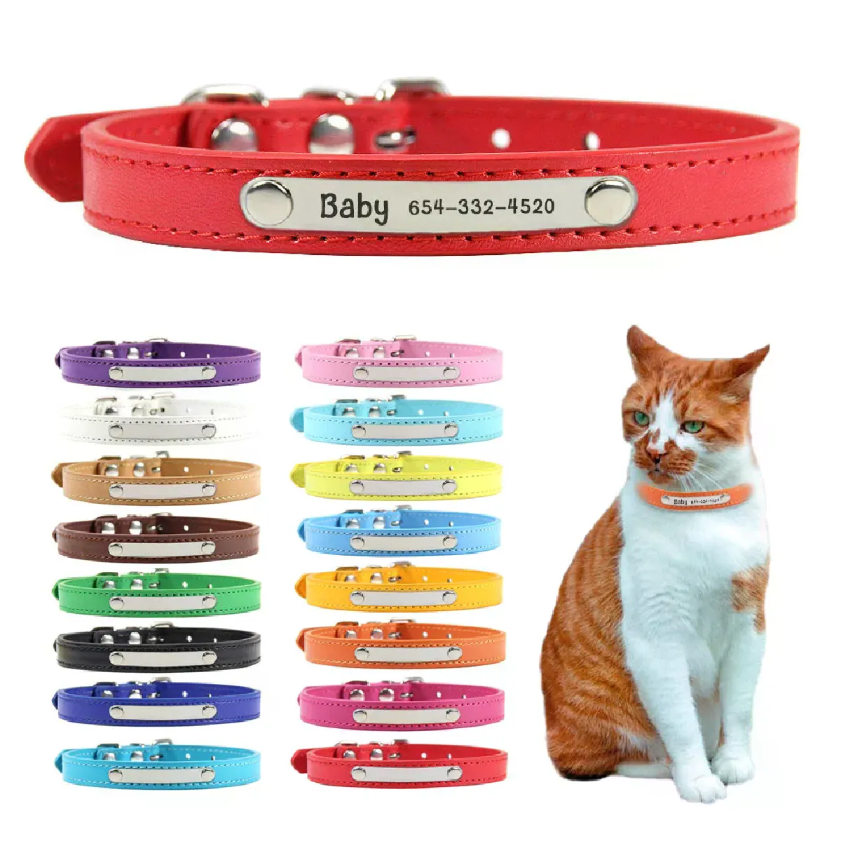Collier pour chat en cuir PU, collier personnalisé pour chaton, gravure du nom de l'identification, sangle de cou pour animal de compagnie pour chat pour petits chiens, accessoires pour chiots, collier~01304