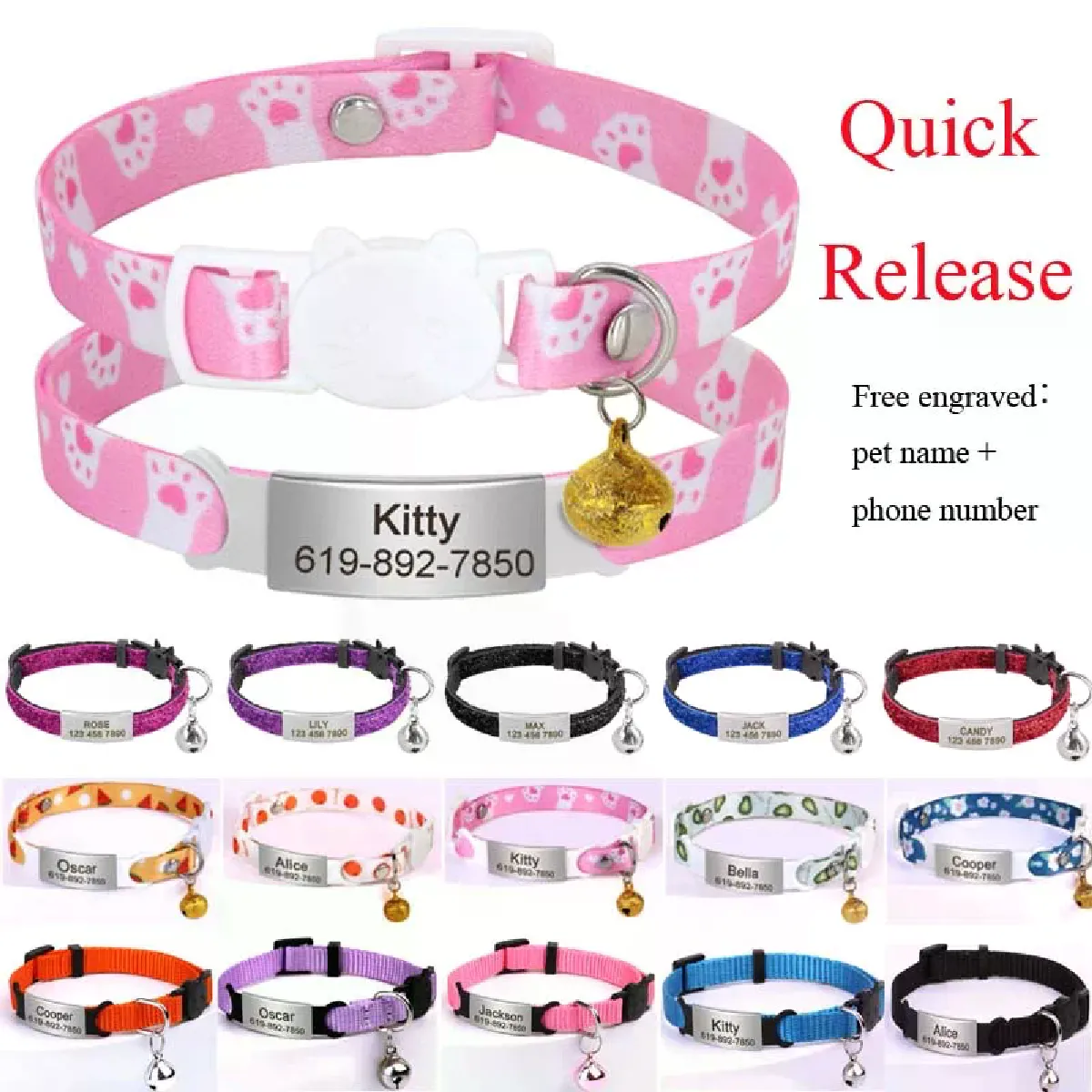 Meilleurs prix pour Collier pour chat personnalisé de 1 cm de largeur avec clochette Colliers pour chat à dégagement rapide Collier mignon à dégagement rapide Gravure gratuite pour chats chaton~01884