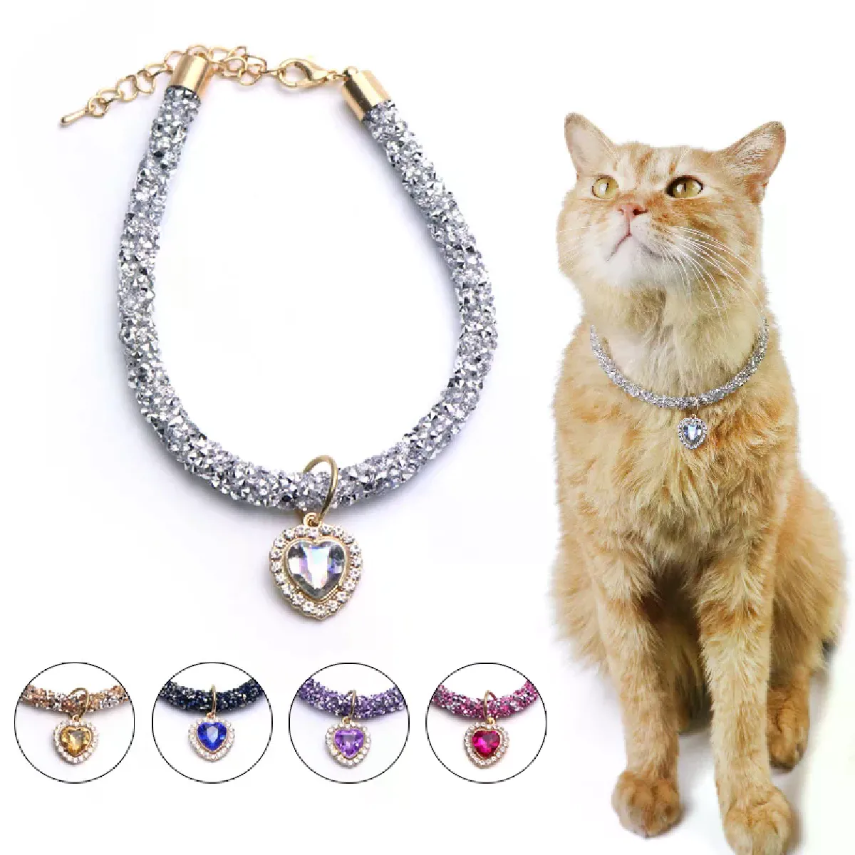 Collier de luxe en cristal pour chat, pendentif en forme de cœur, strass réfléchissants, réglable, accessoires pour animaux de compagnie~00510